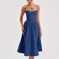 Elegant detail showing the pleated skirt of a blue French vintage camisole midi dress. - S / Bottoms / Blue