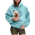 Detail van een lichtblauwe pluche hoodie met een grote functionele buidel voor huisdieren - S / Tops / Hemelsblauw