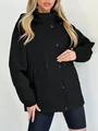 Black women's waterproof windbreaker jacket with drawstring waist and hood detail - S / Tops / Black