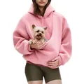 Detail van roze pluche dameshoodie met een grote zak aan de voorkant voor kleine huisdieren - S / Tops / Roze