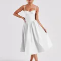 Detail of a white French vintage spaghetti strap midi dress with structured bodice - S / Bottoms / White