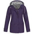 Women's purple waterproof outdoor hooded rain jacket with stylish striped lining detail - S / Tops / Purple