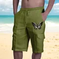Pantaloncini cargo da uomo in lino verde oliva con coulisse e stampa a farfalla - Farfalla Verde