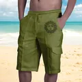 Pantaloncini cargo da uomo in lino verde oliva con stampa sole e coulisse in vita - Girasole Paisley Verde