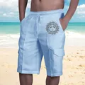 Pantaloncini cargo da spiaggia in lino azzurro da uomo con stampa sole e coulisse in vita - Girasole Celeste