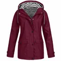 Burgundy waterproof windbreaker jacket with striped hood lining and snap pockets for women - S / Tops / Burgundy
