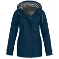 Dark blue waterproof hooded outdoor jacket with striped lining for hiking and travel - S / Tops / Navy Blue