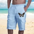Pantaloncini cargo da spiaggia in lino azzurro da uomo con stampa farfalla e cordoncino - Farfalla Celeste