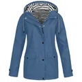 Women's blue waterproof hooded windbreaker jacket with striped lining outdoor rain coat - S / Tops / Blue
