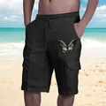 Pantaloncini cargo da spiaggia in lino nero da uomo con coulisse e stampa a farfalla - Farfalla Nera
