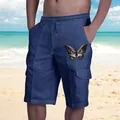 Pantaloncini cargo da spiaggia in lino blu navy da uomo con stampa farfalla e coulisse - Farfalla Blu Notte