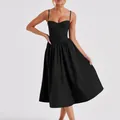 Elegant black corset bodice with spaghetti straps on a French vintage pleated dress - Black