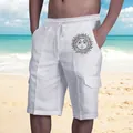 Pantaloncini cargo da spiaggia in lino bianco da uomo con coulisse e stampa sole - Girasole Bianco