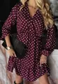 Detail shot of a burgundy French style polka dot dress featuring V-neck and long sleeves - S / Burgundy