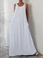 Casual white sleeveless maxi dress with side pockets for summer lounge wear comfort - S / Bottoms / White