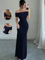 Elegant navy blue off-the-shoulder maxi dress with slim fit and open back detail - S / Dark Blue
