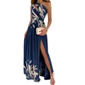 Robe longue élégante à une épaule, imprimé floral, fente haute et détails ajourés. - 3XL / Bleu