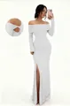 Detailed view of white off-the-shoulder long sleeve maxi dress with side slit - S / Top And Bottom / White