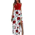 Élégante robe longue rouge à une épaule, fendue et ornée d'un imprimé floral vif - 3XL / Rouge