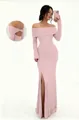 Detailed view of pink off-the-shoulder maxi dress with long sleeves and front split - Pink