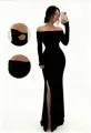 Elegant black off-the-shoulder long sleeve dress with side slit and back cutout details. - S / Top And Bottom / Black