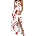 Robe longue blanche élégante à une épaule avec imprimé floral rouge et fente haute - 3XL / Blanc