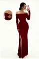 Elegant burgundy off-shoulder long sleeve maxi dress with side slit and open back detail - S / Top And Bottom / Burgundy