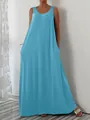 Casual sleeveless light blue maxi dress featuring functional side pockets and relaxed fit - S / Bottoms / Lake Blue