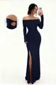 Elegant navy blue off-shoulder long sleeve slit bodycon dress with back detail view - S / Top And Bottom / Navy Blue