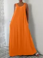 Lässiges orangefarbenes ärmelloses Maxikleid mit Seitentaschen und lockerer Passform - S / Unterteile / Orangerot