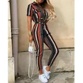 Detailed view of women's striped utility jumpsuit with lapel and belt - S / Top And Bottom / Colorful Stripes