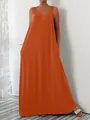 Detail of orange plus size sleeveless maxi dress featuring functional side pockets - S / Bottoms / Orange Red
