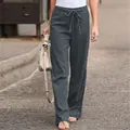 Casual grey cotton linen wide leg pants with elastic waist and tie belt - Dark Gray