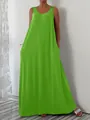 Summer sleeveless lime green maxi dress featuring side pockets and a relaxed fit. - S / Bottoms / Fluorescent Green
