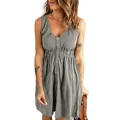 Graues ärmelloses Mini-Kleid mit V-Ausschnitt, Knopfleiste und elastischer Taille - 3XL / Unterteil (Ärmellos) / Grau