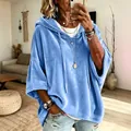 Women's light blue velvet hoodie with 3/4 sleeves and casual oversized fit style - S / Tops / Sky Blue