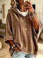 Sudadera con capucha de terciopelo marrón para mujer con mangas 3/4 estilo casual - Caqui