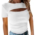 White ribbed short sleeve top with sexy chest cutout detail for women - Short Sleeve White