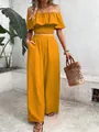 Senfgelbes Sommer-Zweiteiler-Set mit schulterfreiem Oberteil und weiter Hose für Damen - S / Oberteil und Hose / Gelb