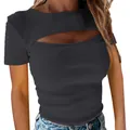 Close-up detail of a women's ribbed short sleeve top with sexy chest cut-out design. - Short Sleeve Dark Gray