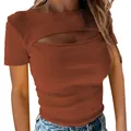 Detailed view of women's brown ribbed short sleeve top featuring a sexy chest cutout - Short Sleeve Brown