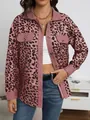 Close-up of pink leopard print corduroy jacket with button details and chest pockets. - S / Tops / Pink