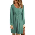 Green button-down long sleeve casual dress with elastic waist - 3XL / Bottom (Long Sleeve) / Green