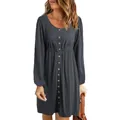 Casual charcoal grey long sleeve button-down dress with elastic waist for women - 3XL / Bottom (Long Sleeve) / Dark Gray