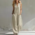 Vista completa del mono casual sin mangas de lino y algodón con piernas anchas y bolsillos - S / Top Y Pantalón / Verde matcha