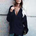 Elegant navy blue V-neck wrap knit sweater for women, solid color long sleeve casual top - Navy Blue