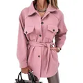 Lässige rosa langärmelige Wolljacke mit Gürtel, Reverskragen und Knöpfen für Damen - Rosa