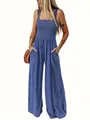 Elegante tuta blu a gamba larga con corpetto a punto smock e vita alta da donna. - 1XL / Top E Pantaloni / Blu