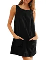 Detail of a black corduroy sleeveless dress with pockets, casual summer vacation style - S / Dresses / Black