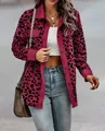 Detailed close-up of stylish women's leopard print corduroy jacket with buttons - Dark Red